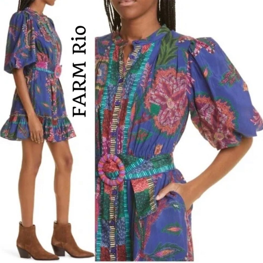 New FARM Rio Sunset Tapestry Belted Cotton Blend Minidress Sz XXS - Picture 2 of 8